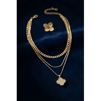Mey İthalat® Gold Renk Pirinç Yonca Detaylı Kadın Kolye Kombini