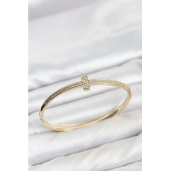 Mey İthalat® Gold Renk T Model Zirkon Taşlı Kadın Kelepçe Bileklik