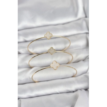 Mey İthalat® Gold Renk Yonca Model Zirkon Taşlı 3lü Kadın Bileklik Kombini