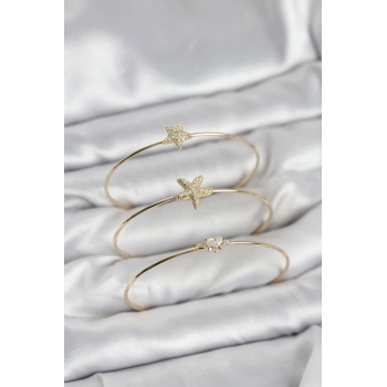 Mey İthalat® Gold Renk Zirkon Taşlı Deniz Yıldızı Model 3lü Kadın Bileklik Kombini