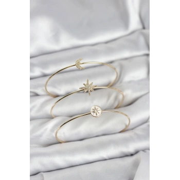 Mey İthalat® Gold Renk Zirkon Taşlı Kutup Yıldızı Model 3lü Kadın Bileklik Kombini