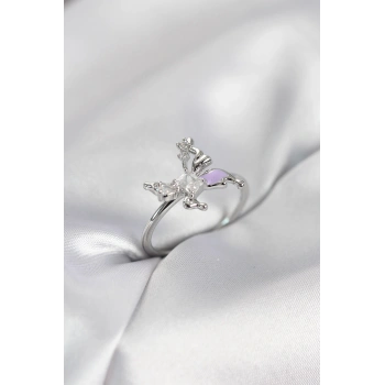 Mey İthalat® Gümüş Renk Kelebek Model Zirkon Taşlı Kadın Yüzük