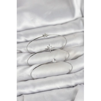 Mey İthalat® Gümüş Renk Kutup Yıldızı Model Zirkon Taşlı 3lü Kadın Bileklik Kombini