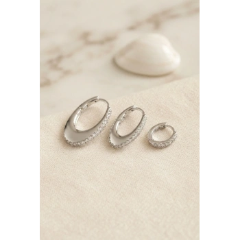 Mey İthalat® Gümüş Renk Oval Halka Model Zirkon Taşlı 3 lü Küpe Set