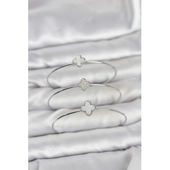 Mey İthalat® Gümüş Renk Yonca Model Zirkon Taşlı 3lü Kadın Bileklik Kombini