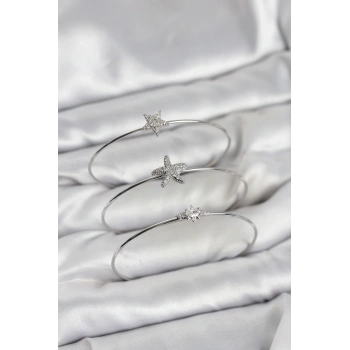 Mey İthalat® Gümüş Renk Zirkon Taşlı Deniz Yıldızı Model 3lü Kadın Bileklik Kombini