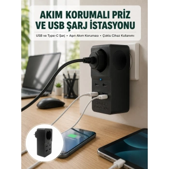 Mey İthalat® Isıya Dayanıklı PC Gövdeli Akım Korumalı Priz 4 USB Yeni Nesil