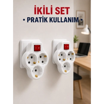 Mey İthalat® Kablosuz 3’lü Priz Çoklayıcı Açma Kapama Anahtarlı Duvar Tipi 2 Adet Set