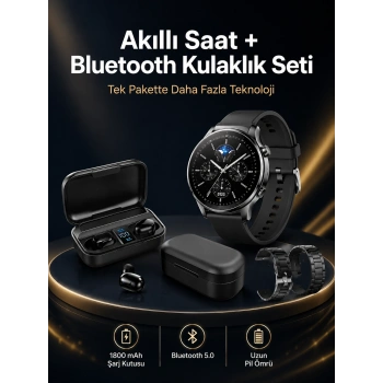 Mey İthalat® Kablosuz Bluetooth Kulaklık ve Kordon Hediyeli Akıllı Saat Nabız Ölçer Uzun Pil Ömrü