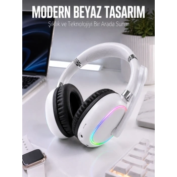 Mey İthalat® Kablosuz Bluetooth Mikrofonlu Beyaz Kulaklık  RGB Işıklı