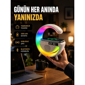 Mey İthalat® Kablosuz Şarjlı LED Masa Lambası Çalar Saat ve Beyaz Gürültü Özellikli