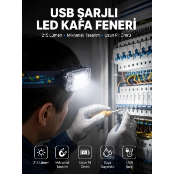 Mey İthalat® Kafa Lambası Led Fener Pratik Taşınabilir Ayarlanabilir USB Şarjlı