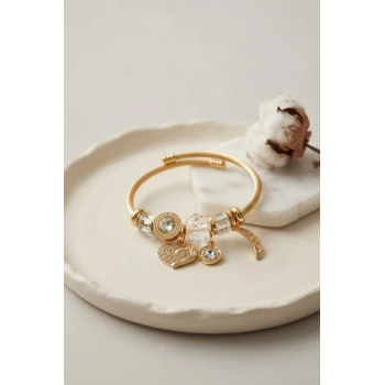 Mey İthalat® Kalp Model Gold Renk Beyaz Charmlı Bileklik