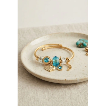 Mey İthalat® Kalp Model Gold Renk Mavi Charmlı Bileklik