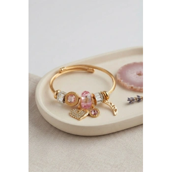 Mey İthalat® Kalp Model Gold Renk Pembe Charmlı Bileklik