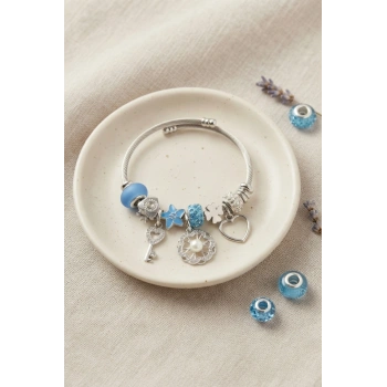 Mey İthalat® Kalp Yonca Anahtar Mavi Charmlı Bileklik