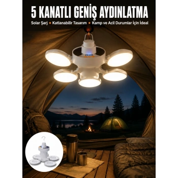 Mey İthalat® Kamp Lambası Işıldak Beyaz Işık Güneş Enerjili Solar Aydınlatma 5 Kanatlı Katlanabilir Yeni Nesil