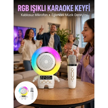 Mey İthalat® Karaoke Özellikli Astronot Bluetooth Hoparlör Kablosuz Mikrofonlu
