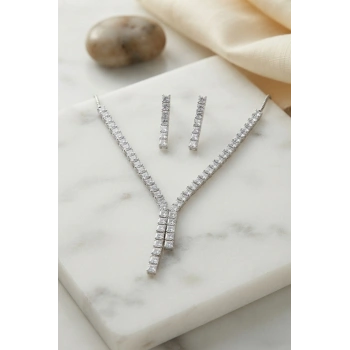 Mey İthalat® Kare Zirkon Taşlı Su Yolu Kolye ve Küpe Set