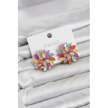 Mey İthalat® Karışık Renk Kristal Taşlı Çiçek Model Kadın Küpe