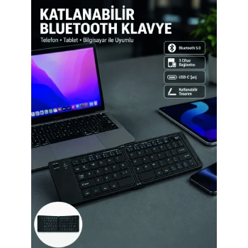 Mey İthalat® Katlanabilir Bluetooth Klavye 3 Cihaz Bağlantılı Kablosuz Taşınabilir Klavye