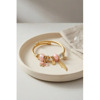 Mey İthalat® Kelebek Model Gold Renk Pembe Charmlı Bileklik