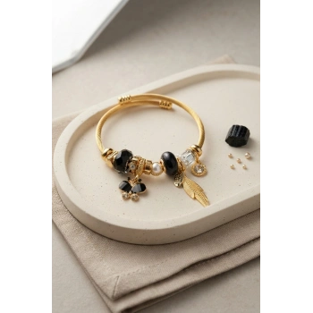 Mey İthalat® Kelebek Model Gold Renk Siyah Charmlı Bileklik