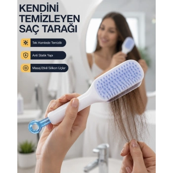Mey İthalat® Kendini Temizleyen Ergonomik Saç Tarağı – ABS Gövde, Silikon Diş