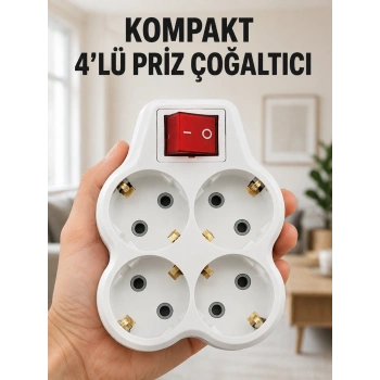 Mey İthalat® Kompakt 4’lü Priz Çoklayıcı Kablosuz Anahtarlı Ev Ofis Priz Çoğaltma Adaptörü