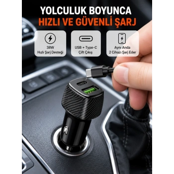 Mey İthalat® Kompakt Tasarımlı Type-C + USB Girişli Araç Şarj Başlığı