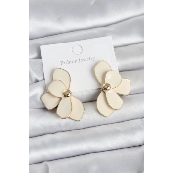 Mey İthalat® Krem Mineli Lotus Model Pirinç Kadın Küpe