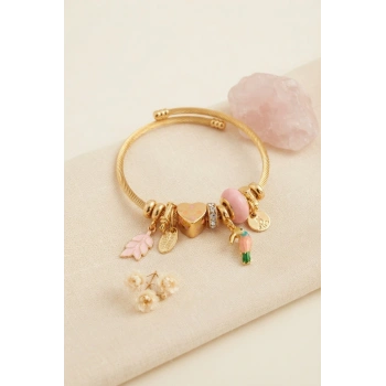 Mey İthalat® Kuş Figürlü Pembe Charmlı Gold Renk Bileklik