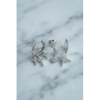 Mey İthalat® Kutup Yıldızı Model Gümüş Renk 3 lü Küpe Set