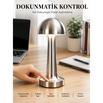 Mey İthalat® Mantar Masa Lambası Dokunmatik 3 Renk Işık Şarjlı Kablosuz Modern Krom Tasarım Yeni Nesil