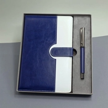 Mey İthalat®  Mavi Beyaz Deri Kapaklı Defter Ve Metal Kalem Set