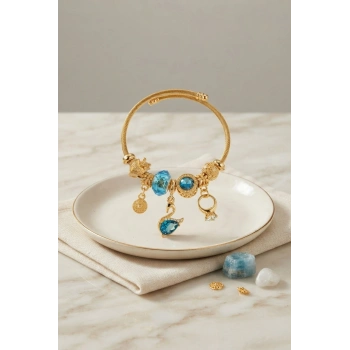 Mey İthalat® Mavi Kuğu Model Gold Renk Charmlı Bileklik