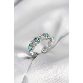 Mey İthalat® Mavi Taşlı Gümüş Renk Vintage Kadın Yüzük