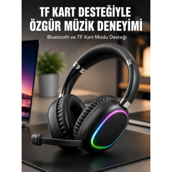 Mey İthalat® Mikrofonlu Bluetooth Kulak Üstü Kulaklık RGB Aydınlatmalı Type-C Şarjlı