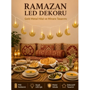 Mey İthalat® Minareli Hilal LED Işık Gold Metal Gövdeli Pilli Ramazan Dekoru