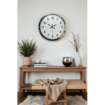 Mey İthalat® Modern Klasik 40 Cm Krom Metal Duvar Saati