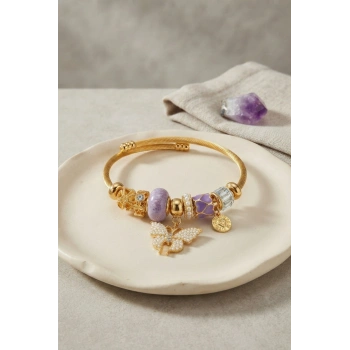Mey İthalat® Mor Kelebek Model Gold Renk Charmlı Bileklik