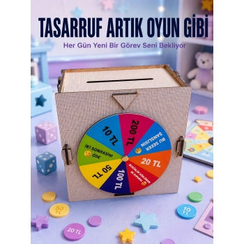 Mey İthalat® Para Biriktirme Challenge Kutusu Eğlenceli Şans Çarkı Ahşap Tasarruf Kumbarası