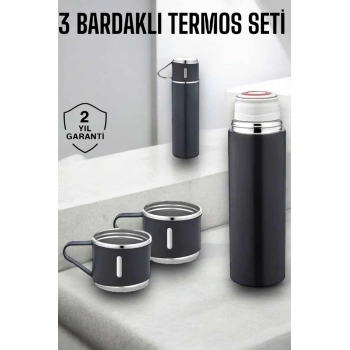 Mey İthalat® Paslanmaz Çelik 3’lü Termos Seti Vakumlu ve 8 Saat Isı Koruma