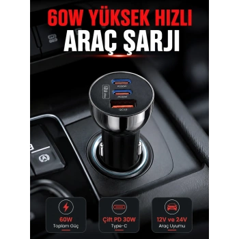 Mey İthalat® PD 30W Çift USB-C Araç Şarj Cihazı 60W Hızlı Şarj Adaptörü