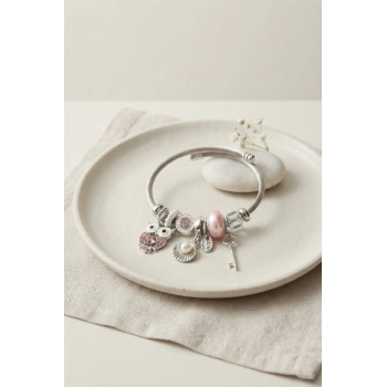 Mey İthalat® Pembe Baykuş Charmlı Gümüş Renk Bileklik