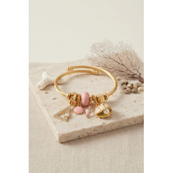 Mey İthalat® Pembe Deniz Kabuğu Model Gold Renk Charmlı Bileklik
