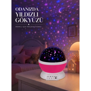 Mey İthalat® Pembe Döner Yıldız Projektörü USB ve Pilli Kullanımlı Gece Lambası