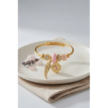 Mey İthalat® Pembe Göz Model Gold Renk Charmlı Bileklik