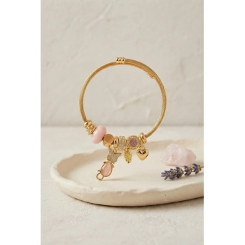 Mey İthalat® Pembe Kedi Model Gold Renk Charmlı Bileklik