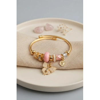 Mey İthalat® Pembe Kelebek Model Gold Renk Charmlı Bileklik